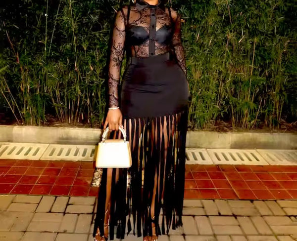Women Sexy Black Full Sleeve Lace Patchwork Fringe Tassel Dress