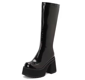 Women Color Fashion Platform Patent Leather Knee High Boots