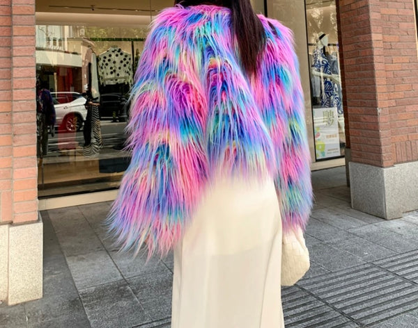 Women Fashion Colorful Faux Fur Crop Jacket