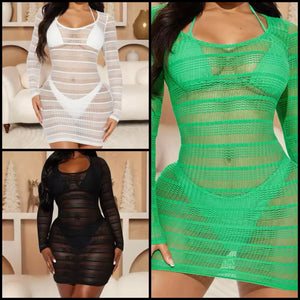 Women Sexy Color Bikini Mesh Cover Up Set