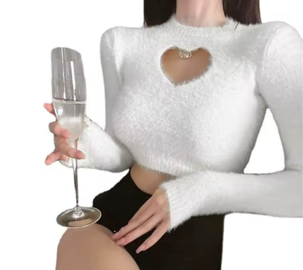 Women Fashion Furry Cut Out Heart Full Sleeve Crop Top