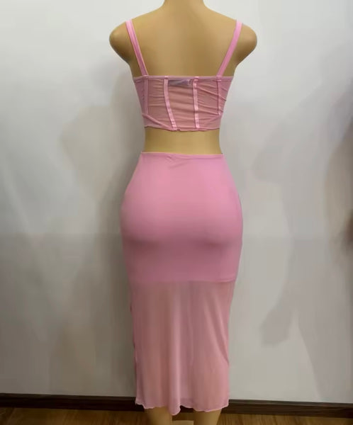 Women Pink Sexy Sleeveless Mesh Two Piece Maxi Skirt Set