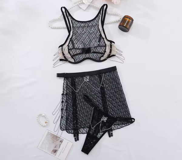 Women Black Sexy See Through Chain Lingerie Set