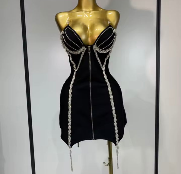 Women Sexy Black Sleeveless Rhinestone Front Zipper Dress