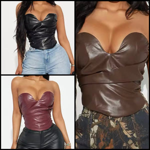 Women Sexy Fashion Strapless Faux Leather Crop Top