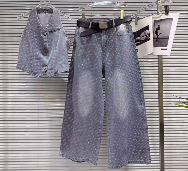 Women Fashion Blue Bling Denim Vest Two Piece Pant Set