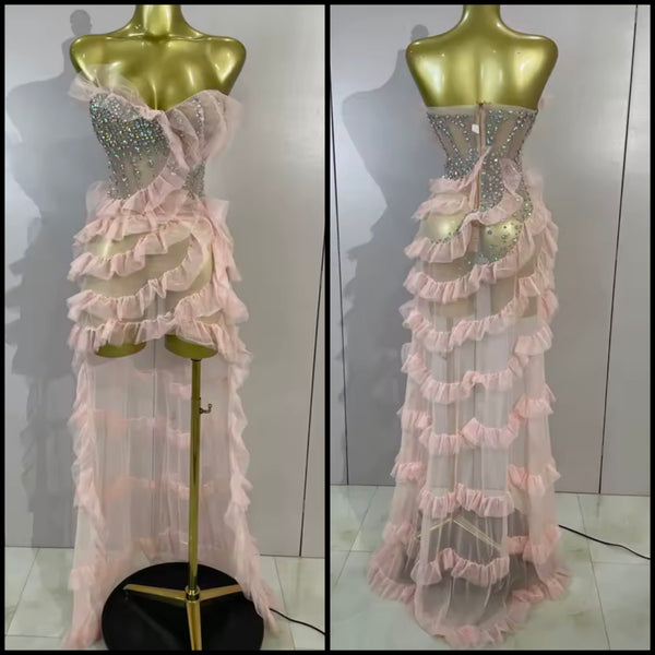 Women Sexy Pink Strapless Ruffle Rhinestone Asymmetrical Dress