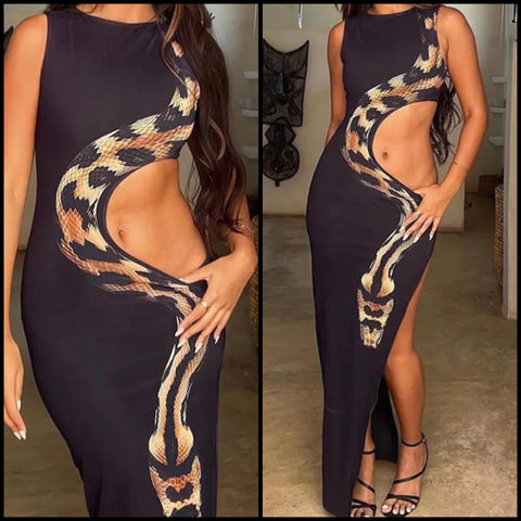 Women Black Snake Cut Out Sexy Sleeveless Maxi Dress
