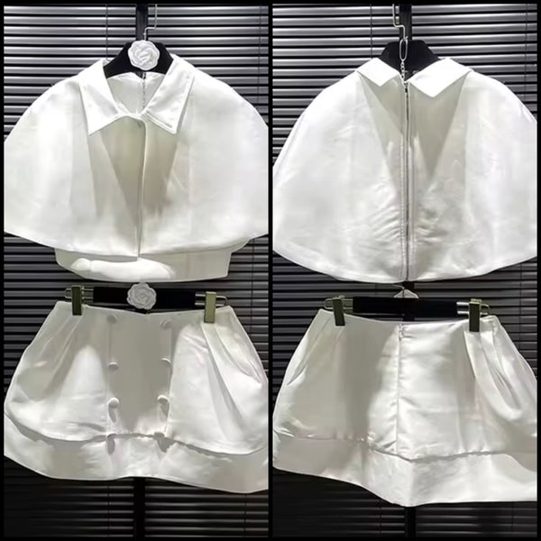Women White Fashion Collar Shawl Two Piece Skirt Set