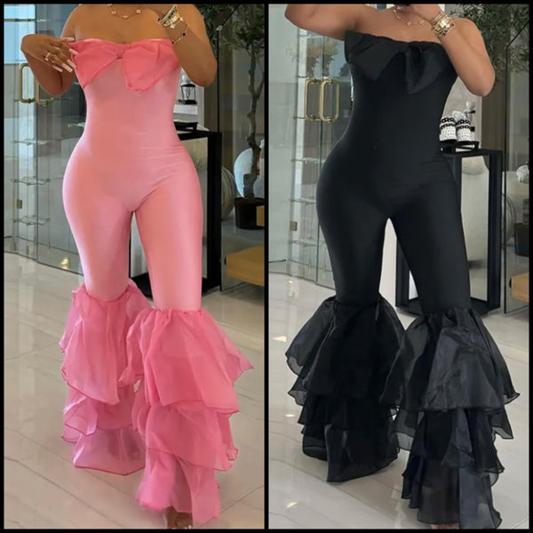 Women Sexy Bow Strapless Ruffled Jumpsuit