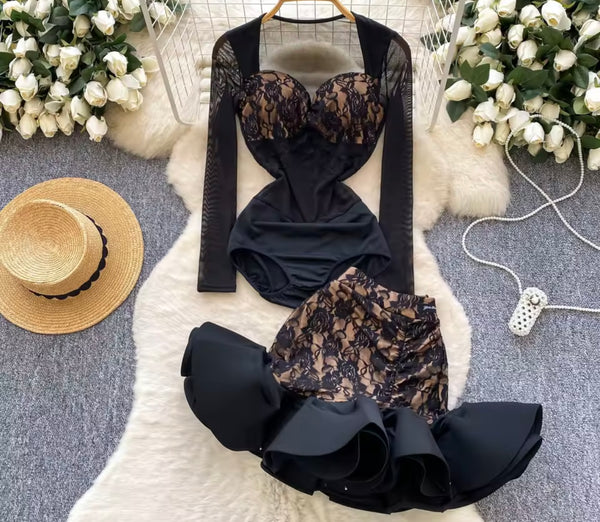Women Sexy Lace Mesh Full Sleeve Ruffled Two Piece Skirt Set