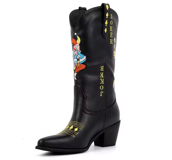 Women Fashion Black Joker Print Western Boots