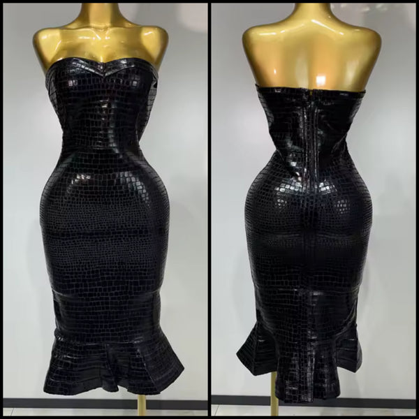Women Black Strapless Sexy Ruffled Faux Leather Dress