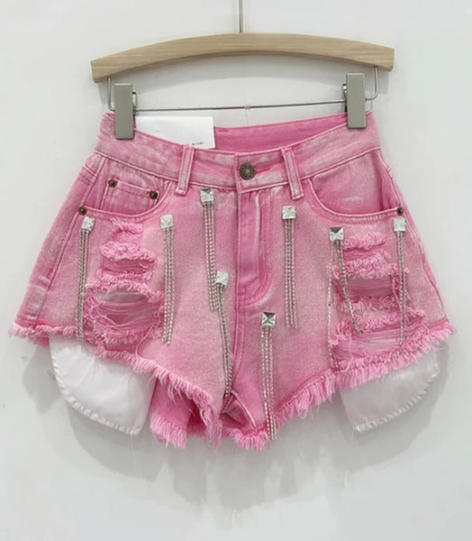 Women Color Fashion Ripped Bling Tassel Denim Shorts