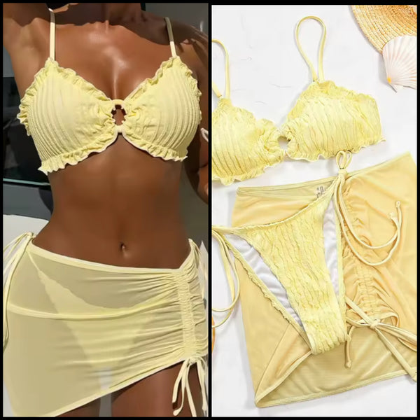 Women Sexy Ruffled Yellow Bikini Mesh Cover Up Set