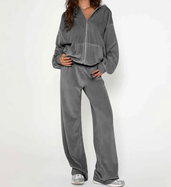 Women Color Fashion Hooded Velour Tracksuit Two Piece Pant Set