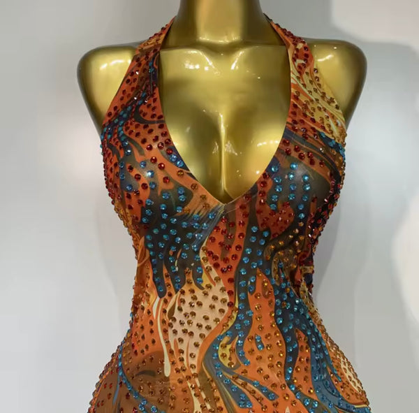 Women Multicolored Rhinestone Halter Sleeveless Mesh Dress