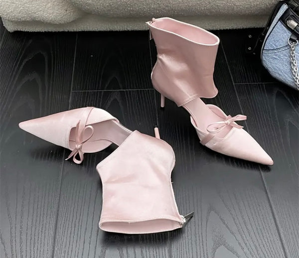 Women Fashion Pointed Toe Bow High Heel Ankle Boots