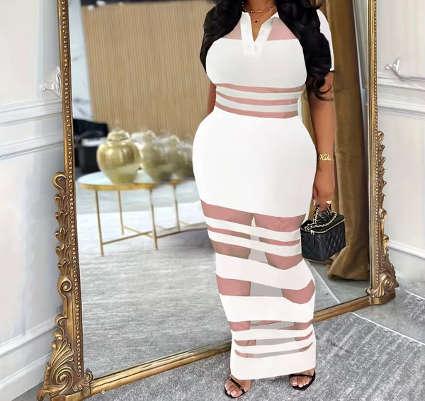 Women Sexy Short Sleeve Solid Color Mesh Patchwork Maxi Dress