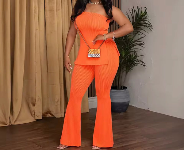 Women Ribbed Strapless Color Fashion Two Piece Pant Set