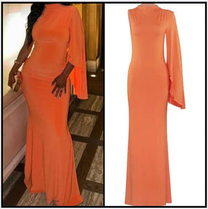 Women Sexy Orange One Shoulder Full Sleeve Maxi Dress