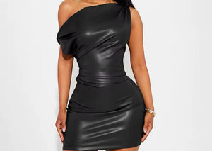 Women Sexy PU Ruched Short Sleeve Dress