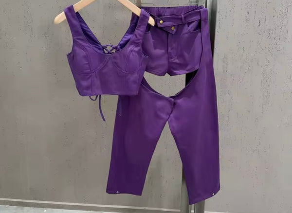 Women Fashion Purple Three Piece Cut Out Capri Pant Set