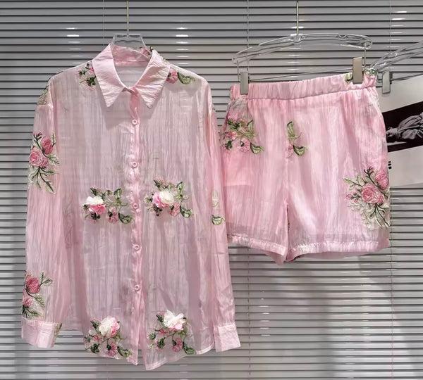 Women Floral Collar Button Up Full Sleeve Two Piece Short Set