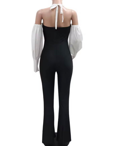 Women Sexy Halter Full Puff Sleeve B&W Jumpsuit