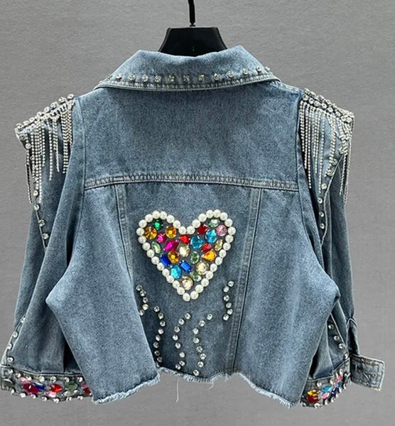 Women Fashion Pearl Rhinestone Denim Jacket