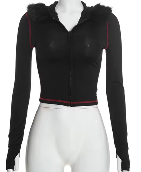 Women Fur Hooded Zip Up Two Piece Tracksuit Pant Set