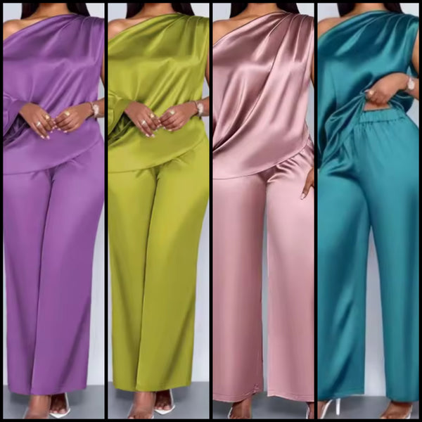 Women Color Slope Neck Short Sleeve Two Piece Satin Pant Set