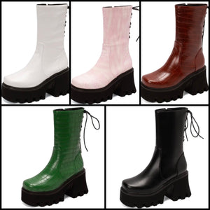Women Fashion Lace Up Platform Faux Leather Ankle Boots