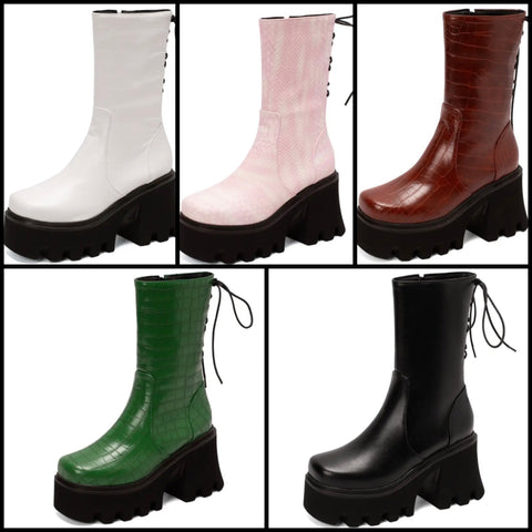 Women Fashion Lace Up Platform Faux Leather Ankle Boots