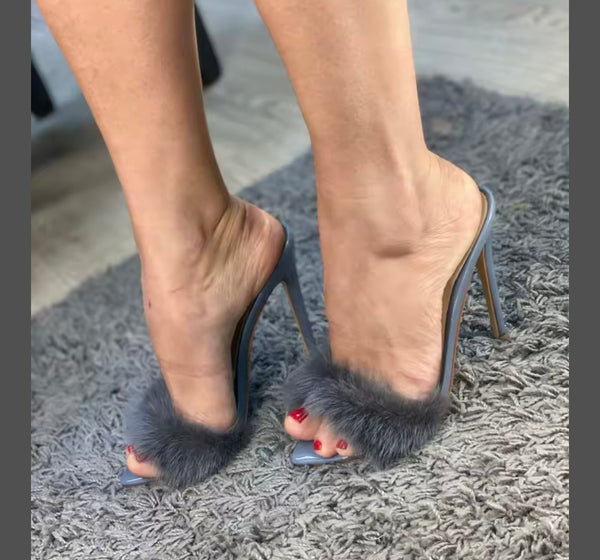 Women Color Open Pointed Toe Fashion Faux Fur High Heel Sandals