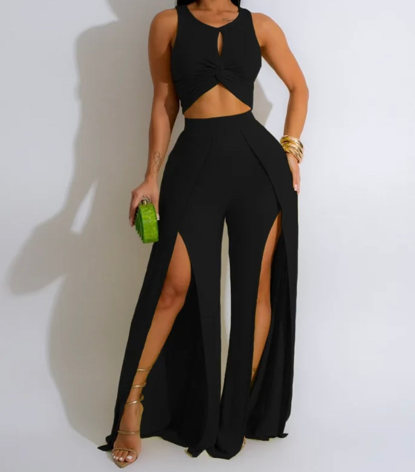 Women Sexy Sleeveless Solid Color Two Piece Front Slit Pant Set