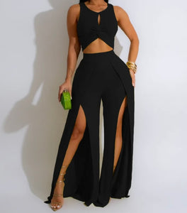 Women Sexy Sleeveless Solid Color Two Piece Front Slit Pant Set