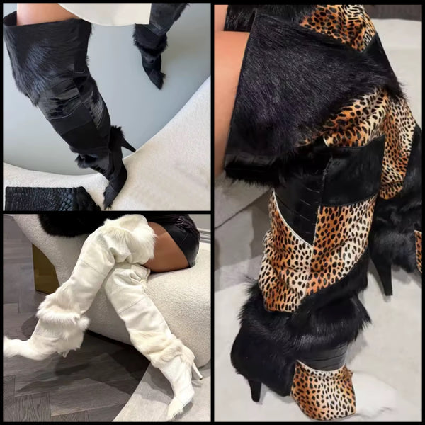Women Over The Knee Fur Patchwork High Heel Boots