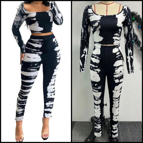Women Sexy Fashion B&W Ribbed Full Sleeve Two Piece Pant Set