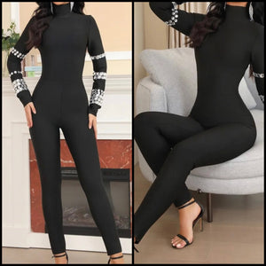 Women Black Sexy Rhinestone Patchwork Full Sleeve Jumpsuit
