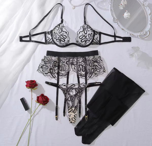Women Sexy Black Printed Mesh See Through Four Piece Lingerie Set