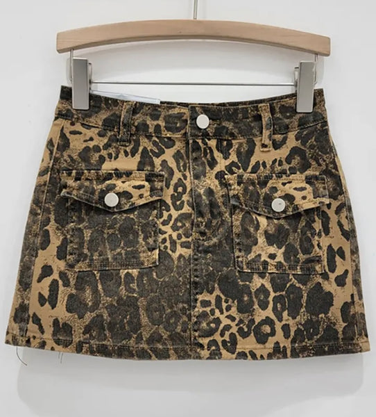 Women Sexy Fashion Leopard Print Denim Skirt