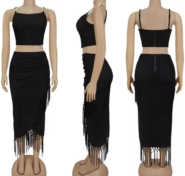 Women Sexy Chain Sleeveless Fringe Two Piece Maxi Skirt Set