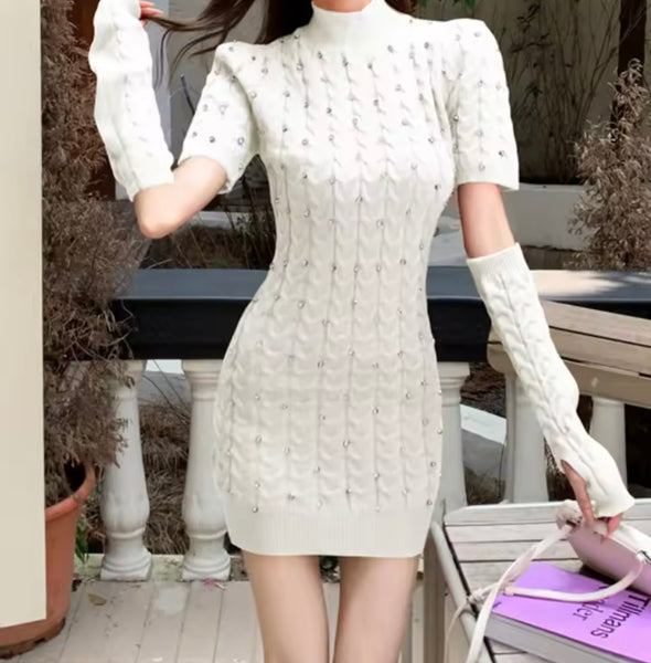 Women Fashion Bling Knitted Removable Sleeve Dress
