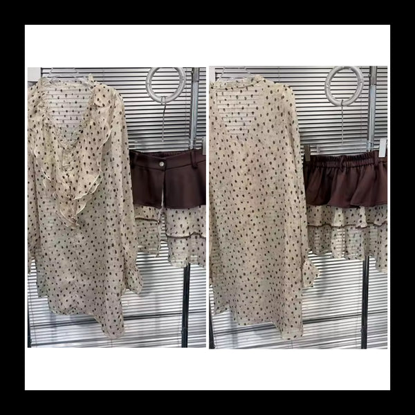 Women Mesh Polka Dot Ruffle Full Sleeve Two Piece Skirt Set