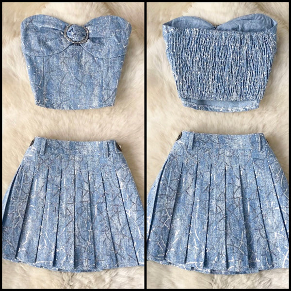 Women Sexy Strapless Sequins Patchwork Denim Two Piece Skirt Set