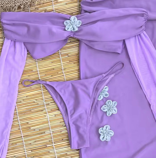 Women Sexy Off The Shoulder Full Sleeve Floral Purple Bikini Cover Up Set
