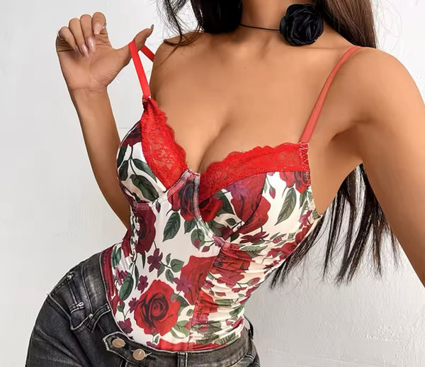 Women Sexy Fashion Sleeveless Floral Bodysuit Top