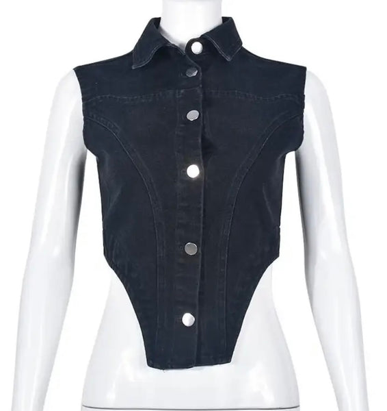 Women Fashion Sleeveless Button Up Denim Top