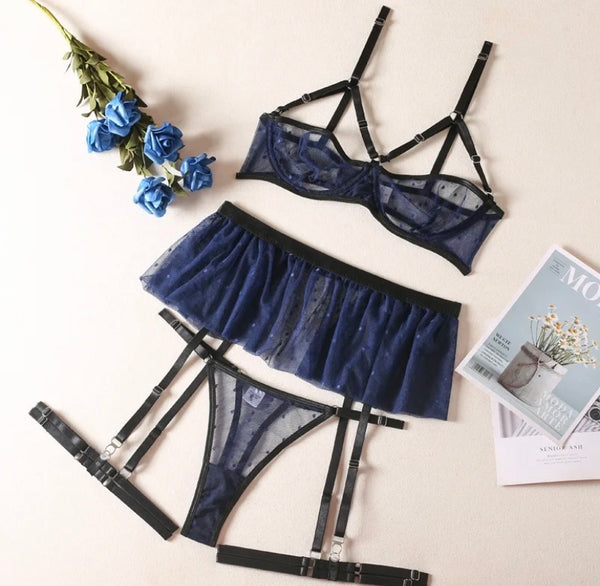 Women Sexy Blue Mesh Lingerie Set